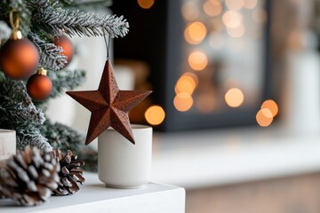 A rustic star hangs on a snowy branch near a fireplace, creating a warm, inviting holiday ambiance with decorative elements and shimmering bokeh lights.