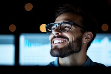 A man wearing glasses smiles confidently as he analyzes data on a screen, suggesting intelligence, optimism, and tech proficiency in a professional setting.