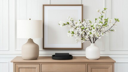 A stylish interior scene featuring a lamp, decorative flowers in vases, and an empty framed artwork against a light wall.