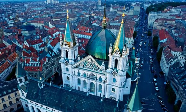 Aerial view of famous places St. Stephen's Cathedral Stephansdom at night. Mother church of the Roman Catholic Archdiocese of Vienna. Austria