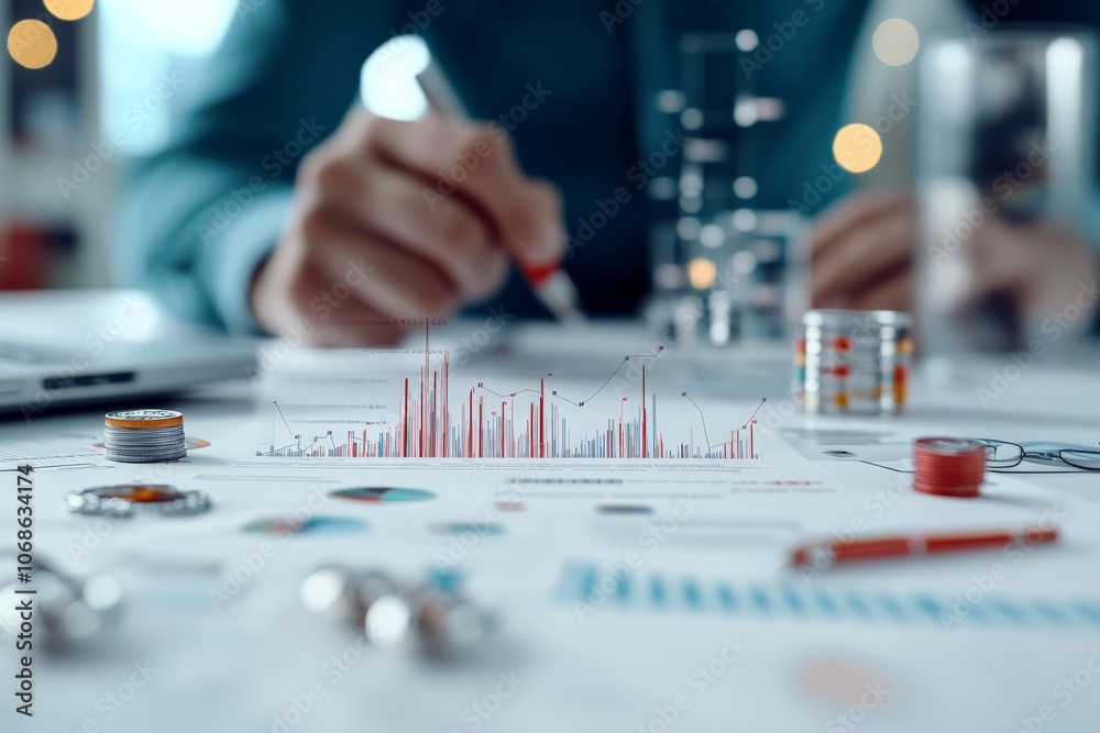 Poster a focused close-up shot displaying a printed document featuring a red graph with fluctuating data ba