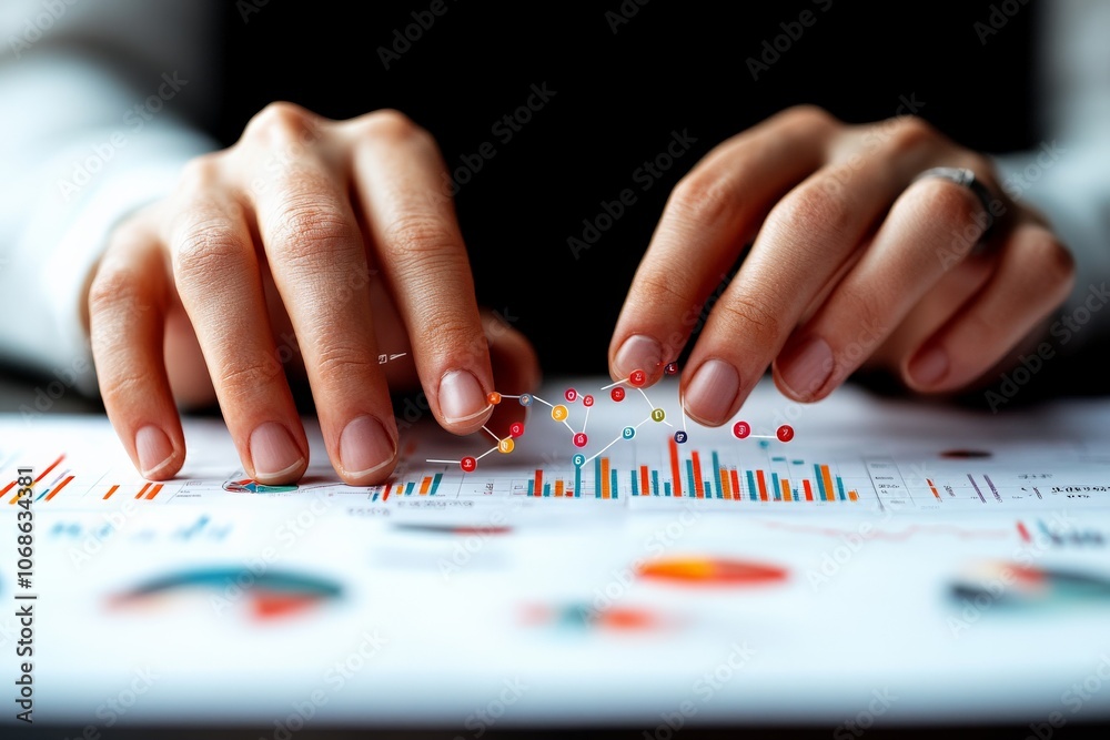 Poster a pair of hands actively interact with graphs and charts on paper, analyzing financial data with pre