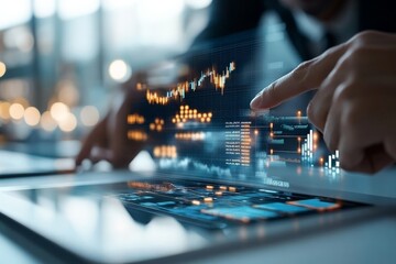 Futuristic digital interface displaying complex stock market data with luminous graphs and charts, representing advanced technology and real-time global financial insights.