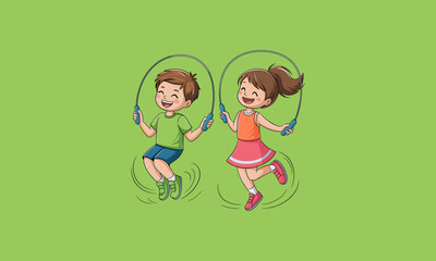 Happy kids skipping rope together with big smiles