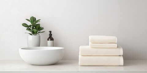 A minimalist bathroom scene featuring stacked towels, a plant, and a clean bowl, emphasizing tranquility and modern design.