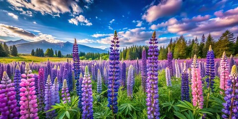 Stunning Panoramic View of Long Stork Lupine Flowers in Purple and Blue with Delicate Small Flowers in a Vibrant Natural Setting