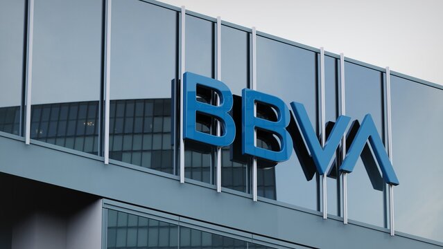 Birmingham, UK - April 25, 2019 BBVA Banco Bilbao Vizcaya Argentaria  only editorial Stock information on the logo of the office facade