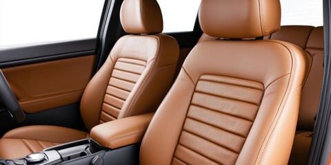 A stylish car interior featuring sleek, comfortable brown leather seats and a modern design, perfect for luxurious driving experiences.