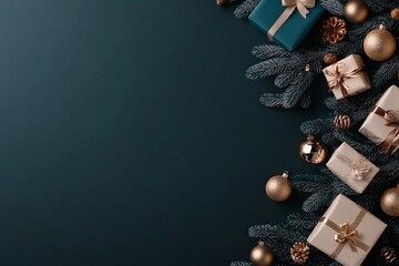 Charming Christmas gifts beautifully wrapped in elegant packaging surrounded by green pine branches, set against a dark, sophisticated backdrop enhancing festive warmth.