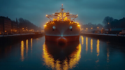 Fototapeta premium The ship rests peacefully in the harbor at night, its bright lights reflecting beautifully on the water's surface