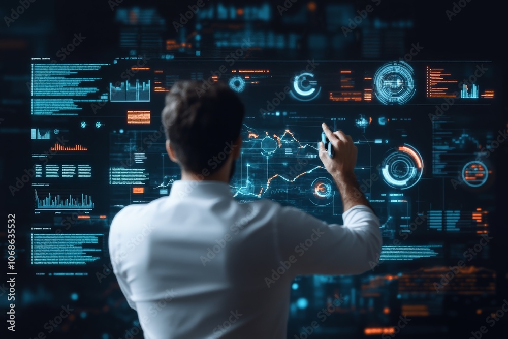 Poster a man in a white shirt interacts with a high-tech digital interface, examining various charts and gr