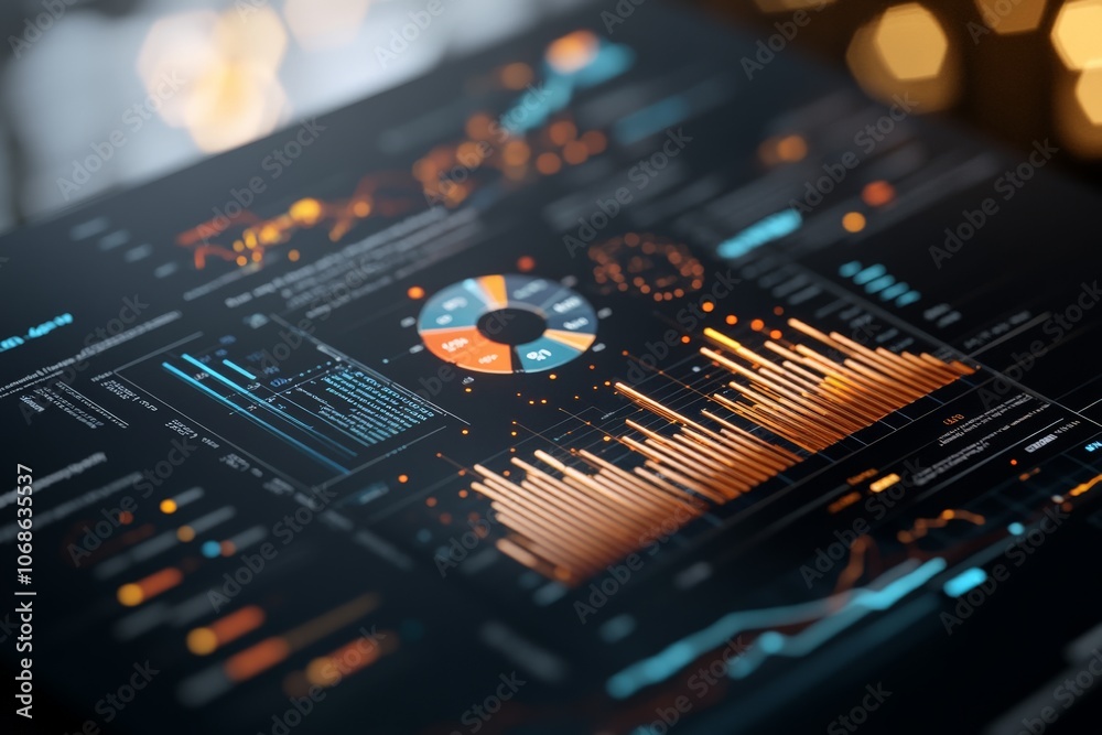 Poster a vibrant, detailed close-up image of digital charts and data visualizations on a screen, showcasing