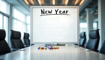 Whiteboard with "New Year" written on it in a modern office setting
