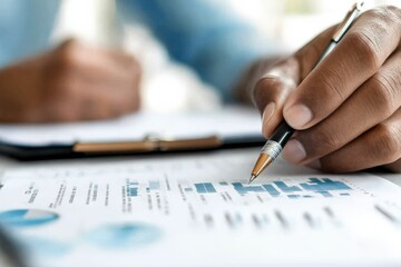 A professional hand writes on printed graphs with a pen, surrounded by statistical reports, representing analysis, concentration, and dedication in professional tasks.