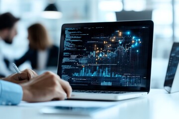 A person working on a laptop featuring an advanced data analytics interface with glowing graphs and charts, depicting real-time financial analytics and forecasting.