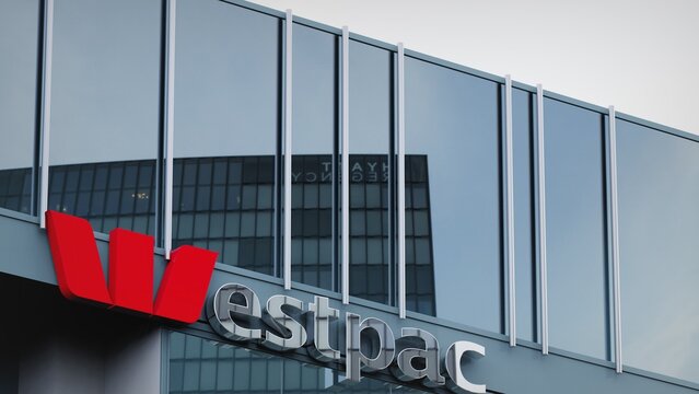 London, UK - March 1, 2018 Westpac Banking only editorial Stock information on the logo of the office facade