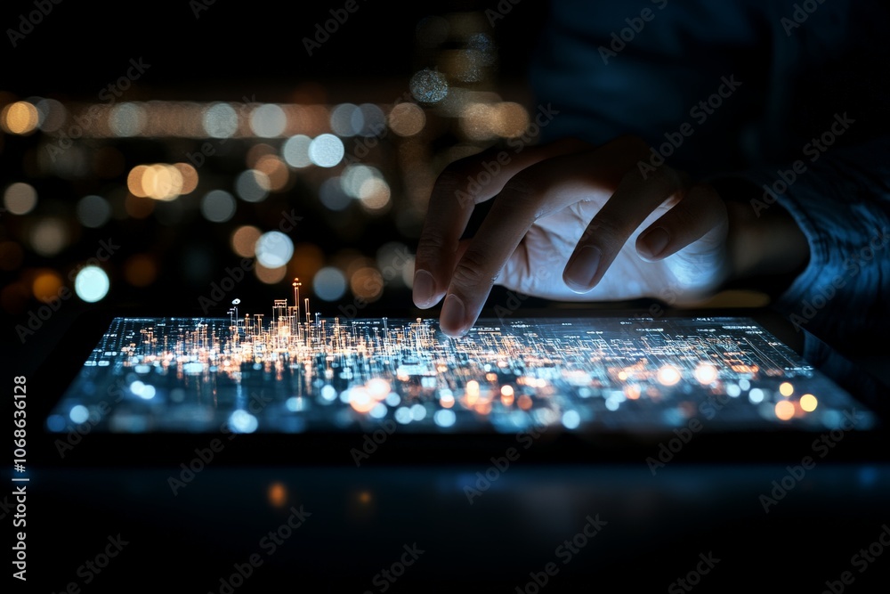 Poster a hand interacts with a digital map on a touchscreen, symbolizing advanced navigation technology and