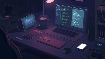 Laptop with a dark theme code editor on screen, surrounded by gadgets like a tablet, phone, and coffee mug in a dimly lit tech setup.