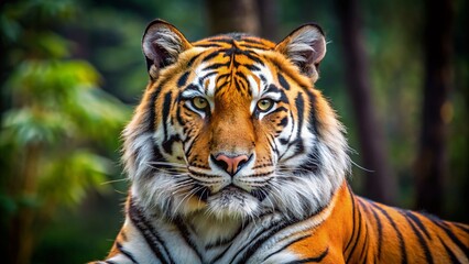 Obraz premium Stunning Siberian Tiger Portrait with Majestic Features in Natural Habitat, Capturing Wildlife's Beauty, Strong Presence, and Graceful Stance, Ideal for Nature Lovers and Conservation Efforts