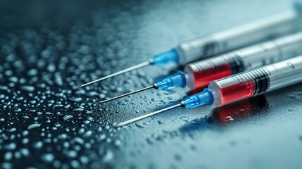 Three syringes with colored liquid on wet surface