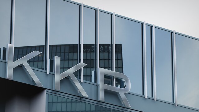 New York, USA - November 11, 2023 KKR & Co only editorial Stock information on the logo of the office facade