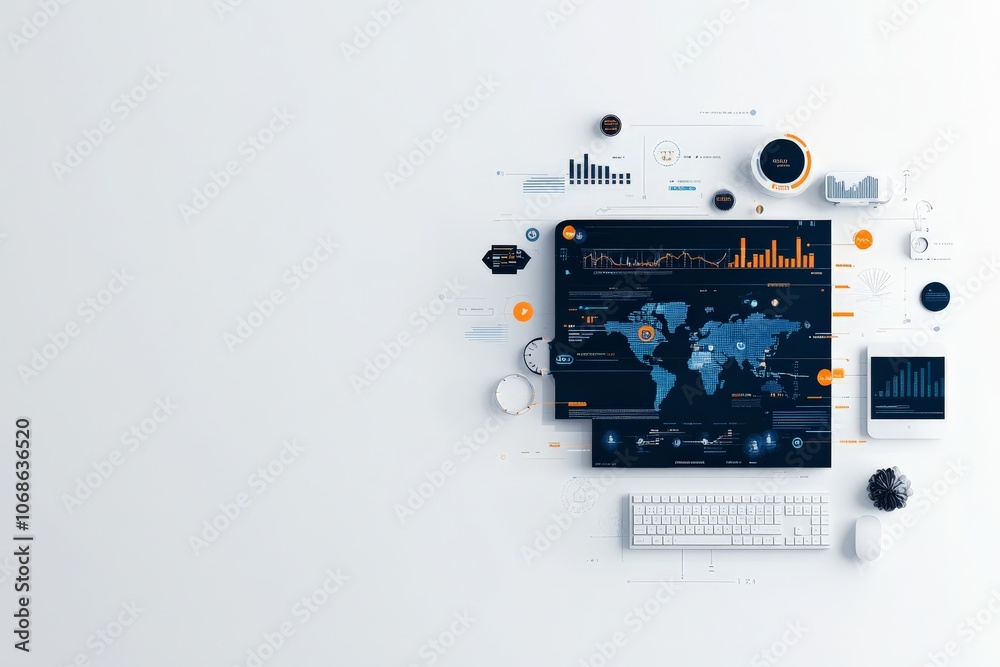 Poster this digital workspace features data visualizations on a monitor, accompanied by technological tools