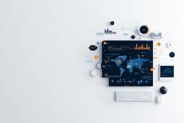 This digital workspace features data visualizations on a monitor, accompanied by technological tools like a keyboard and mouse, representing innovation and creativity.