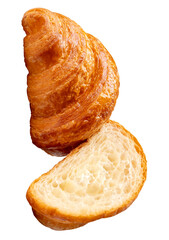 Top view of delicious brown croissant with half in stack isolated with clipping path in png file format