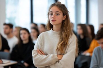 Fototapeta premium A young woman, exuding confidence, stands with folded arms in a lecture hall, surrounded by attentive individuals, suggesting determination and leadership skills.