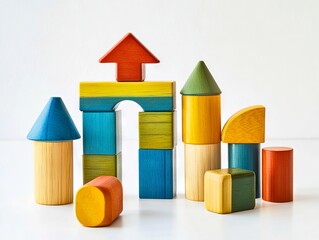 A group of colorful wooden blocks with an arrow on top