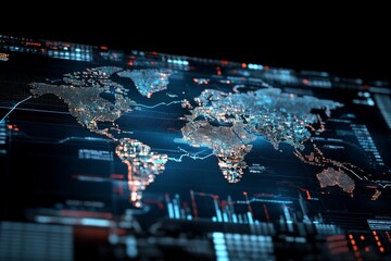 A digital world map is overlaid with analytical data points and graphs, illustrating global connectivity and statistics in a high-tech, futuristic layout.