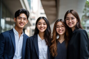 Four young professionals in business attire stand closely together, smiling confidently on a city street, showcasing youth, diversity, and optimism in the business world.