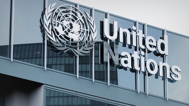 Seattle, USA - July 5, 2021 United Nations UN only editorial Stock information on the logo of the office facade