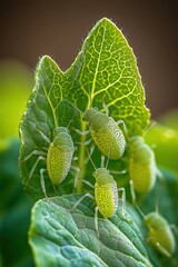 Fototapeta premium Aphid Colonies on Healthy Leaf with Intricate Vein Pattern.