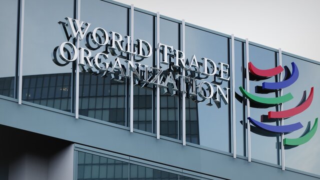 San Francisco, USA - October 14, 2021 World Trade Organization WTO only editorial Stock information on the logo of the office facade