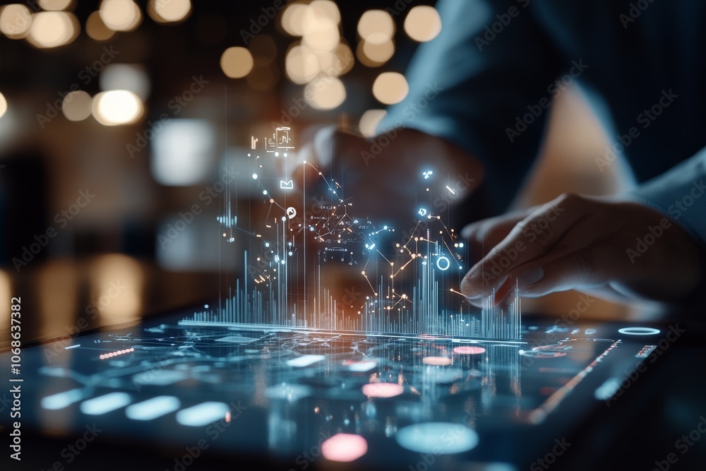 Poster hands interact with a device displaying holographic data and digital visuals, emphasizing the interp