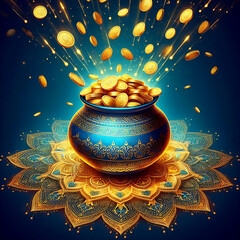 Diwali background with gold urn and oil lamp