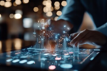 Hands interact with a device displaying holographic data and digital visuals, emphasizing the interplay of technology, data analysis, and futuristic design.