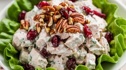 Delicious chicken salad with cranberries and pecans. The salad is served on lettuce leaves and additionally garnished with chopped pecans and cranberries.