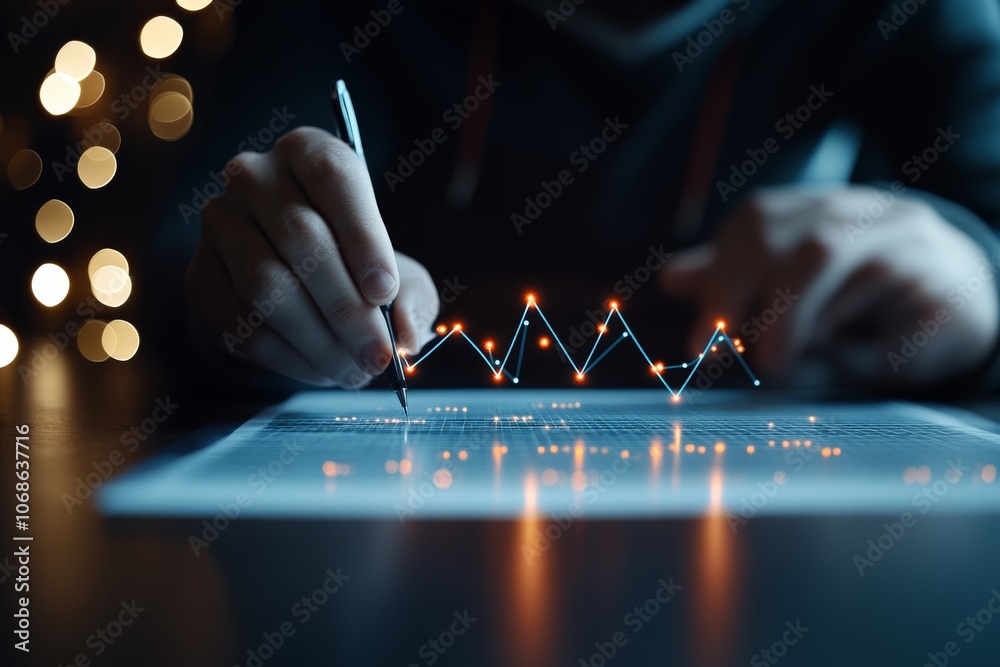 Poster a close-up of a hand writing on paper with a pen while futuristic glowing graphs and lines hover in 