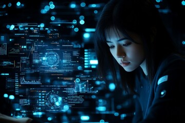 A focused young woman interacts with digital screens displaying complex data and futuristic visuals, depicting advanced analytics and innovation in information technology.