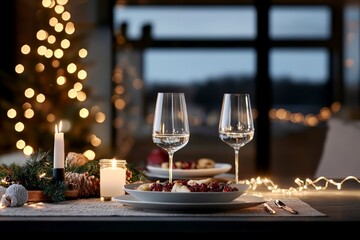 Fototapeta premium A beautifully set dining table features two wine glasses, a candlelit centerpiece, and festive holiday decorations, creating a warm, inviting atmosphere.