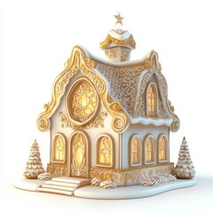 Fototapeta premium Whimsical Gingerbread House with Golden Accents - Cartoon Style 3D Render on White Background