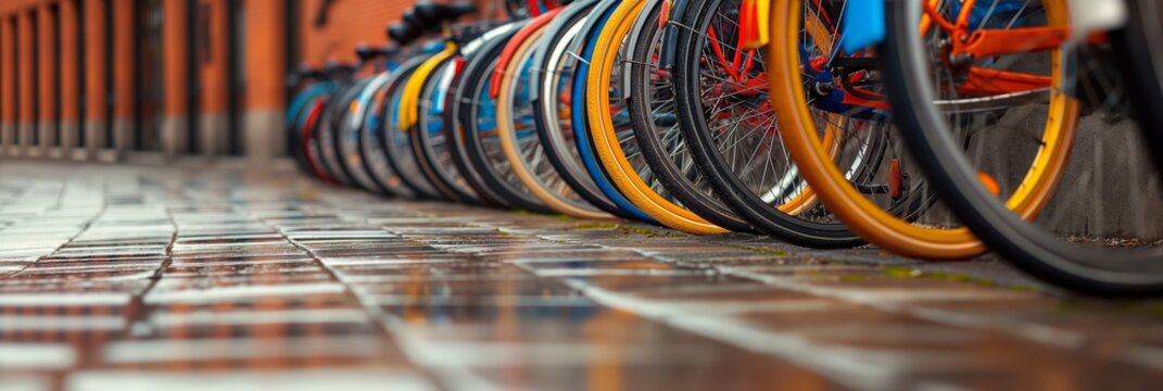 Bicycles sidewalk neatly aligned showcasing wheels frames parked public transportation. AI generated