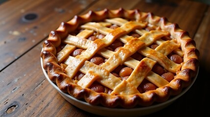 Freshly baked cherry pie cooling on a rustic wooden table, showcasing a golden brown lattice crust and vibrant red filling, perfect for dessert lovers during any season