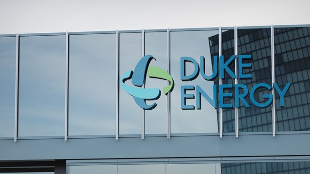 Los Angeles, USA - December 1, 2022 Duke Energy only editorial Stock information on the logo of the office facade