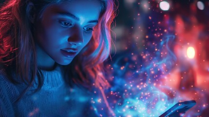 Young woman using futuristic mobile technology powered by AI 