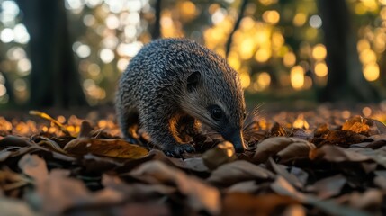 Fototapeta premium Anteater Foraging at Dusk in Leafy Ground Setting