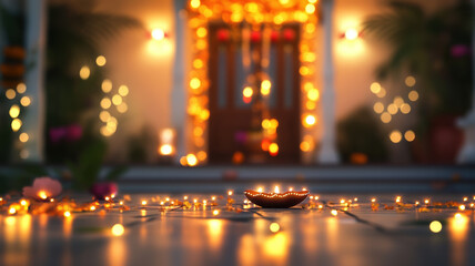 Contemporary living room décor featuring holiday lights, ideal for festive themes, with soft bokeh effects and highlights from garlands.