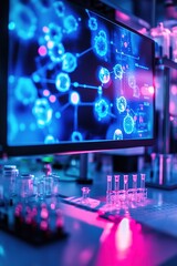 Blue and pink lit lab with molecular structures on screen.